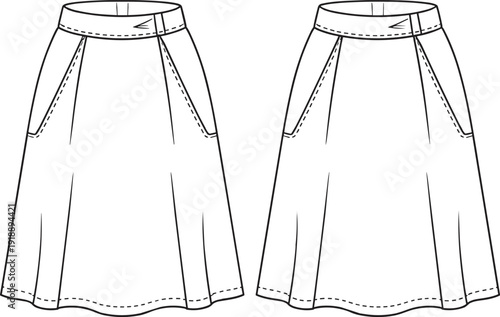 Women A Line Midi Skirt Technical Flat Sketch Front and Back View High Waist Flared Skirt Vector Illustration