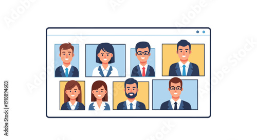 Professional online video conference with diverse remote team members collaborating in a virtual business meeting window