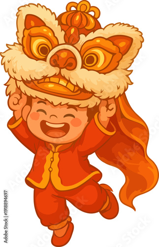 This delightful image portrays a child joyfully participating in a lion dance, embodying the spirit of celebration and cultural heritage, perfect for festive occasions.