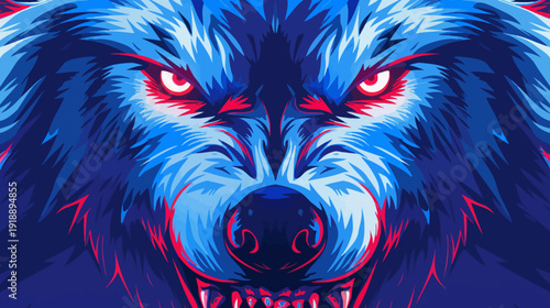 Intense illustration of a fierce wolf head with glowing red eyes