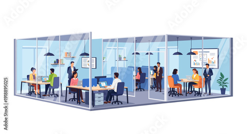 Modern co-working space with employees collaborating at desks and in meeting rooms