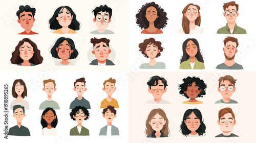 Diverse cartoon men and women avatar set with different hairstyles and skin tones. Modern character portraits for social media, apps, games, community and profile design.