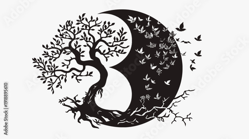 Symbolic tree and moon with birds vector illustration for design and print