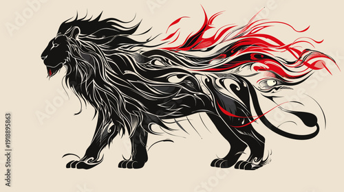 Stylized lion illustration with dynamic flames and elegant flowing mane
