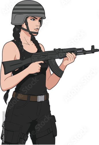 Female soldier holding assault rifle in tactical gear, military character illustration representing combat readiness, defense, security forces, and modern armed service concept