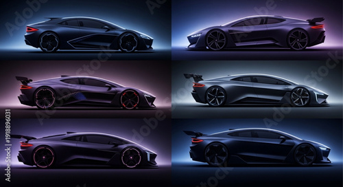 Six futuristic sports cars in a dark studio setting.