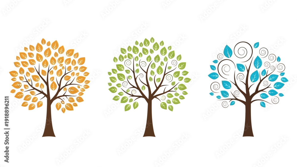 Obraz premium Three stylized trees representing different seasons on a white background