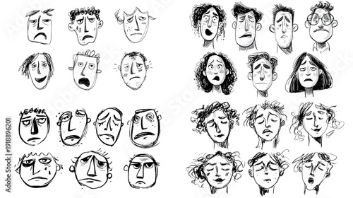 Hand drawn sad and emotional faces sketch collection. Pencil portrait studies showing anxiety, fear and surprise for comics, animation and character design.