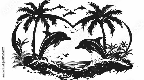 Silhouette of dolphins jumping near palm trees and ocean on a white background
