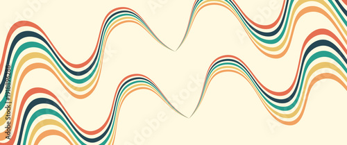Abstract background of rainbow groovy Wavy Line design in 1970s Hippie Retro style. Vector pattern ready to use for cloth, textile, wrap and other.