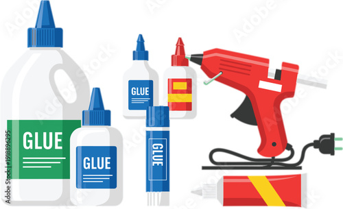 Glue and adhesive tools collection with bottles, tubes, and hot glue gun, flat vector illustration for crafting, DIY projects, repair work, and industrial bonding concepts