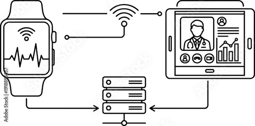 Black and white vector line art illustration of a telemedicine and remote patient monitoring concept featuring a smartwatch with a heart rate monitor, a data server, and an online doctor consultation 