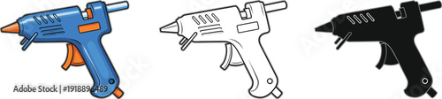Glue gun icons set in color, outline, and black silhouette styles, crafting and repair tool symbols for DIY projects, workshops, and industrial adhesive applications