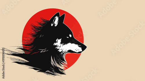 Stylized black wolf profile silhouette with red sun vector illustration
