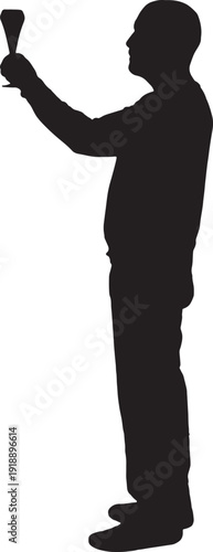 vector,silhouette A man holding, raising, and looking at a glass cup of champagne