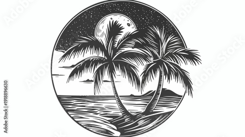 Coastal scene with palm trees and moon at night for design elements