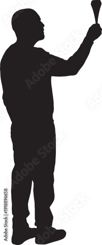 vector,silhouette A man holding, raising, and looking at a glass cup of champagne