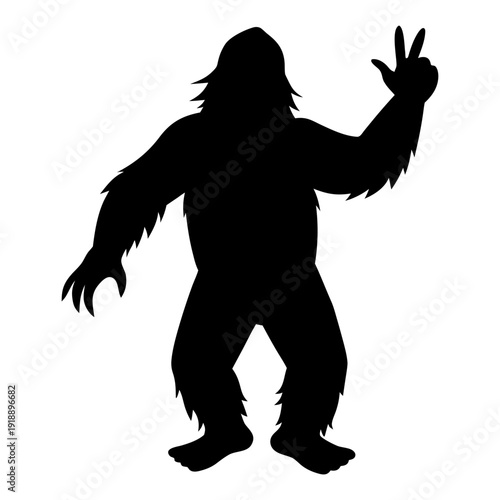 Yeti Mascot Silhouette Making Peace Sign Isolated on White.