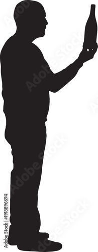 vector,silhouette A man holding, raising, and looking at a bottle wine
