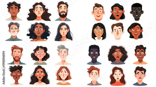 Diverse cartoon people portrait set with different hairstyles and skin tones. Modern male and female avatars for social media, apps, games and community design.