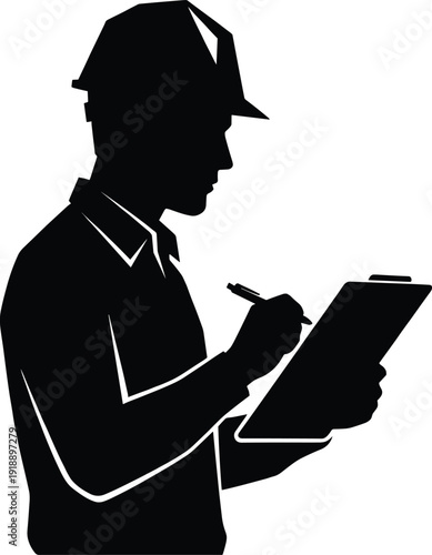 Construction inspector silhouette writing notes on clipboard, safety helmet and quality control documentation concept for industrial site inspection isolated on white background