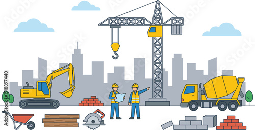 Construction site illustration with crane excavator concrete truck and engineers coordinating urban building project, heavy machinery and materials scene isolated on white background