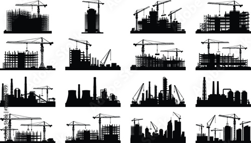 Construction site and industrial building silhouettes with tower cranes factories and urban skyline development concept isolated black vector illustration set
