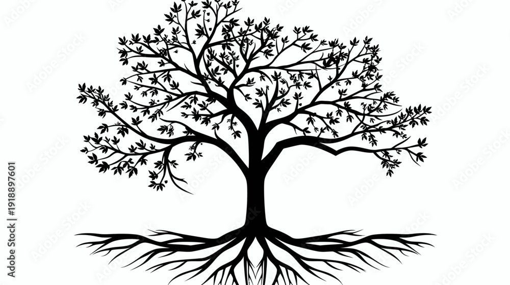 Obraz premium Silhouette of a majestic tree with detailed roots and branches on white background