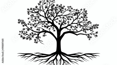 Silhouette of a majestic tree with detailed roots and branches on white background