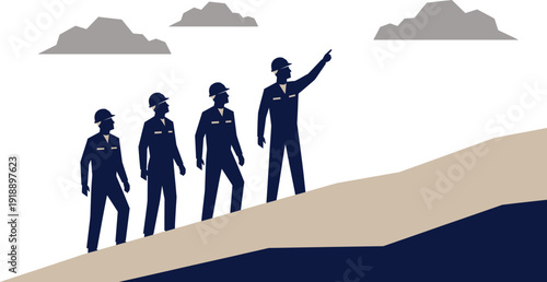 Construction team leaders guiding workers uphill toward project success, leadership vision teamwork and progress concept illustration isolated on white background vector design