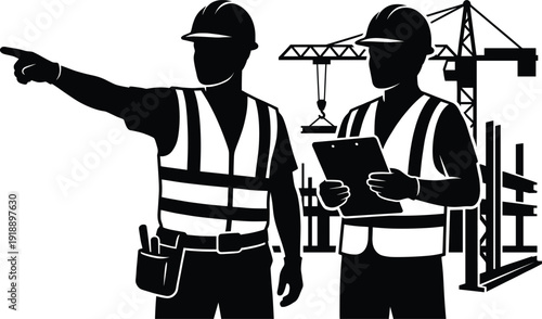 Construction supervisors coordinating site operations with safety helmets and vests, pointing directions and reviewing plans at active building project illustration vector silhouette