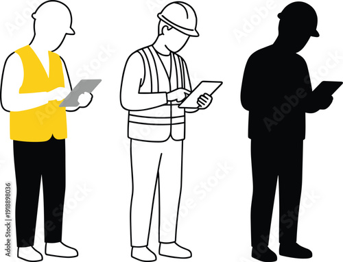 Construction workers using digital tablets for site inspection safety management and progress reporting, showing modern technology adoption in construction industry isolated on white background