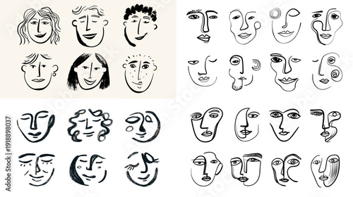Abstract continuous line art faces set in minimalist style. Creative modern portraits and expressive outline drawings for posters, branding and contemporary decor.