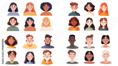 Diverse cartoon women avatar set with different hairstyles and skin tones. Modern female character portraits for social media, apps, games, community and profile design.