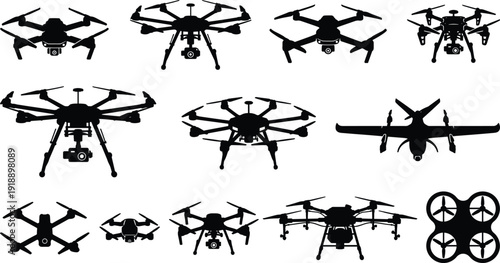 Drone silhouettes collection showing quadcopter hexacopter and fixed wing unmanned aerial vehicles for surveillance photography mapping technology vector icons design set illustration
