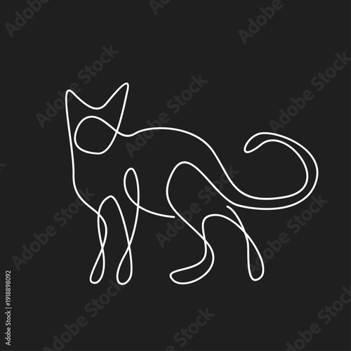 Minimalist Continuous Line Art Drawing of a Cat, Elegant White Single Line Feline Illustration on Black Background