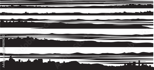 Monochrome landscape with silhouetted hills and horizontal lines