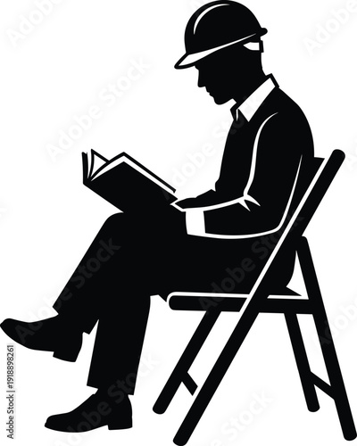 Engineer wearing safety helmet reading technical manual while seated, professional construction planning and on site training silhouette illustration isolated on white background vector