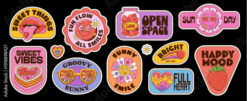 Y2K groovy Valentine day stickers and hippie love retro patches set with holiday quotes. Vibrant groovy stickers with daisy, lips, jar, cake, glasses, rainbow, and strawberry for planners and laptops