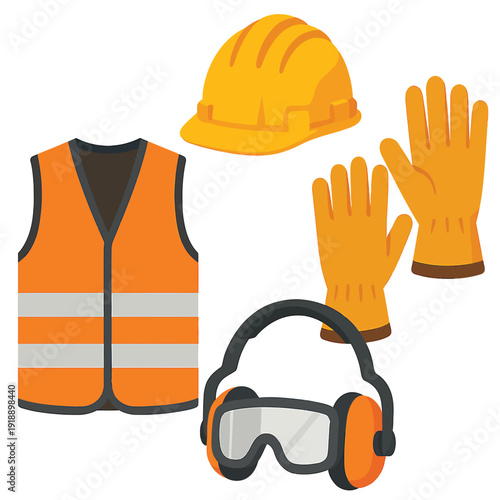 Construction safety personal protective equipment vector set: Vest, helmet, gloves, goggles, ear defenders for workplace safety and protection concept.