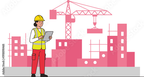 Female construction engineer using tablet at urban building site with crane, digital project management and modern infrastructure planning illustration vector isolated background