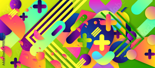 Bright juicy colors background with geometric elements, lines and dots for text, universal design, banner concept
