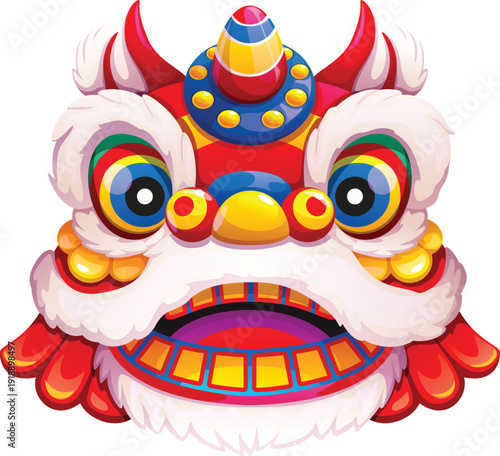 Chinese Lunar New Year cute Guangdong lion mascot. Joyful dance mascot, featuring fluffy white head, big jaw, rainbow eyes. Cartoon vector lion head for Barongsai ritual and Lunar New Year parade