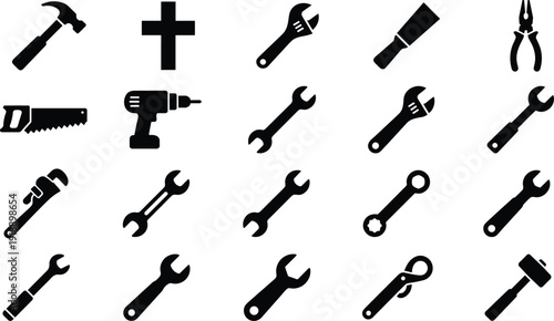 Hand tool icons set including hammer wrench drill saw pliers and spanners for construction repair maintenance and DIY projects isolated on white background