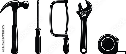 Hand tools silhouette set including hammer screwdriver hacksaw wrench and tape measure, construction repair equipment icons isolated on white background vector illustration