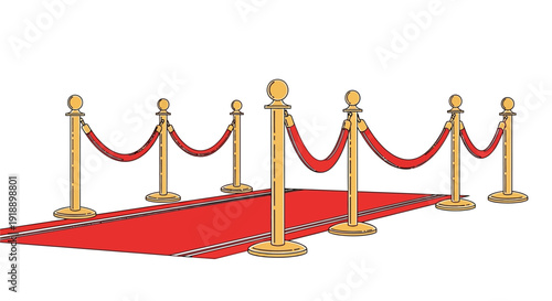 Red carpet with golden stanchions and red velvet ropes for a VIP event.
