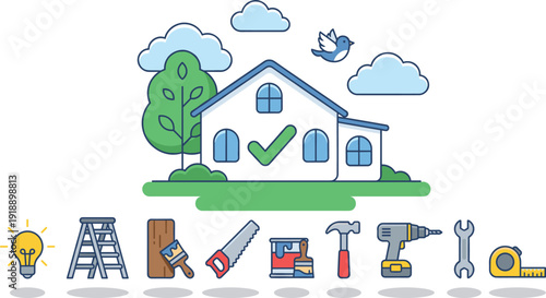 Home improvement illustration showing completed house with check mark and essential repair tools, renovation maintenance and DIY concept isolated on white background