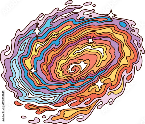 Space galaxy disk cartoon groovy sticker or patch. Galaxy research or discovery patch, outer space science groovy vector sticker. Astronomy technology label with alien galaxy stars colorful disk