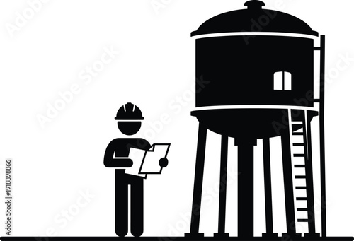 Industrial engineer inspecting elevated water tank structure with clipboard, infrastructure maintenance and safety assessment silhouette illustration isolated on white background vector design
