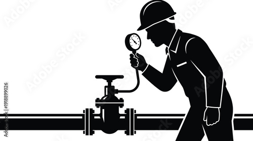 Industrial technician inspecting pipeline pressure with gauge and valve, safety helmet maintenance check silhouette illustration isolated on white background vector design concept